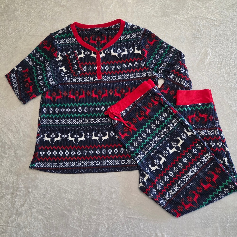 Lands End Womens Thermal Pajama Set Waffle Knit Fair Isle Reindeer Navy Red L